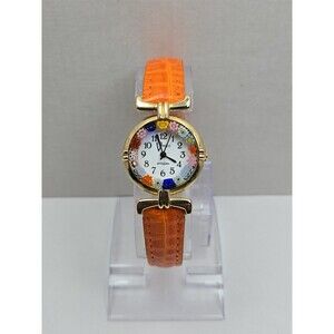 Venice Art Glass Murano Millefiori Gold Tone Orange Round Wristwatch New Battery